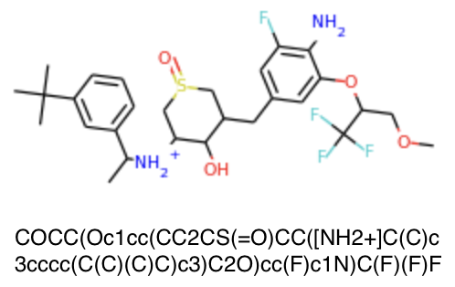 Diagram of a chemical with the structure written in SMILES-string format below it