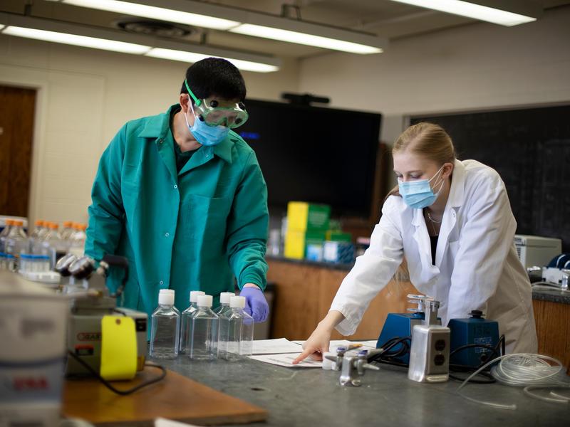 Professor and student in protective gear analyze data on paper beside empty sample tubes