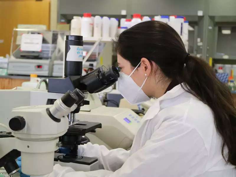 Professor Gabrielle Corradino at the microscope 