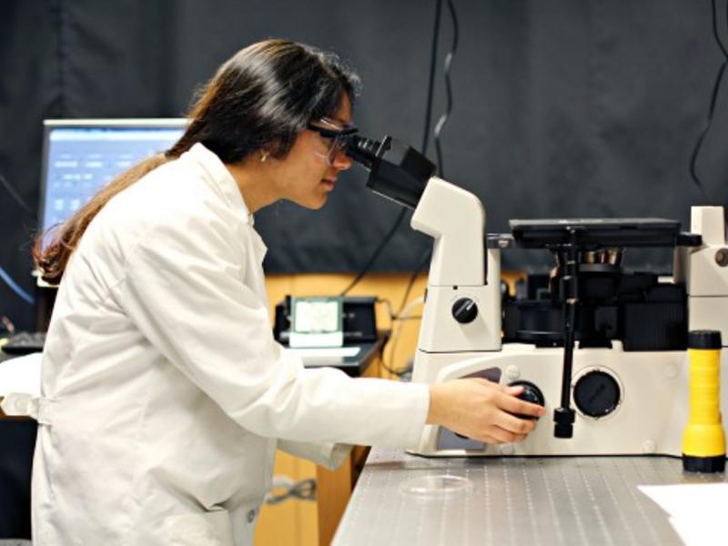 Student in a white lab coat peering into a microscope